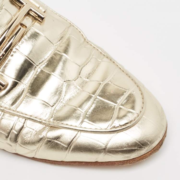 Pre Owned Tod's Metallic Gold Croc Embossed Leather Double T Mules Size 38