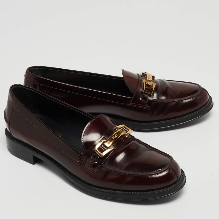 Pre Owned Tod's Burgundy Patent Leather Loafers Size 37.5