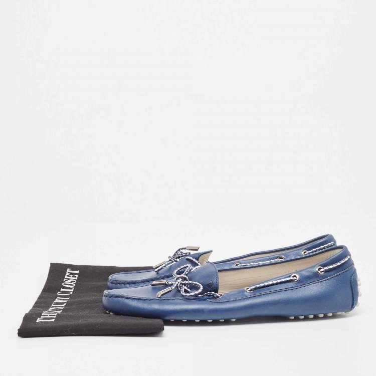 Pre Owned Tod's Blue Leather Bow Slip On Loafers Size 41