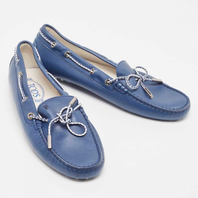 Pre Owned Tod's Blue Leather Bow Slip On Loafers Size 41