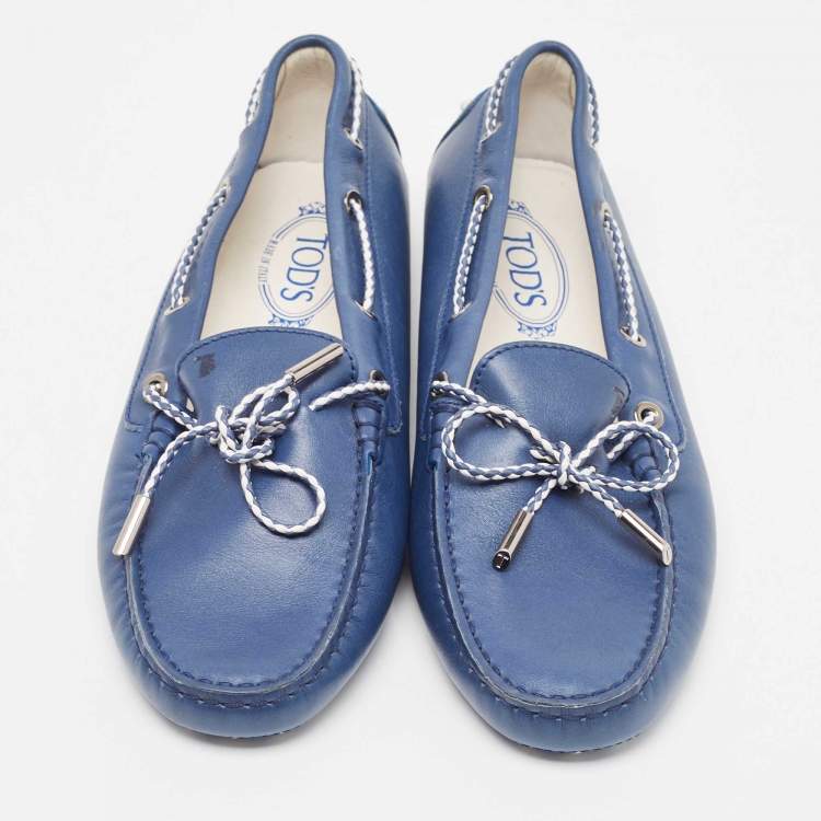Pre Owned Tod's Blue Leather Bow Slip On Loafers Size 41