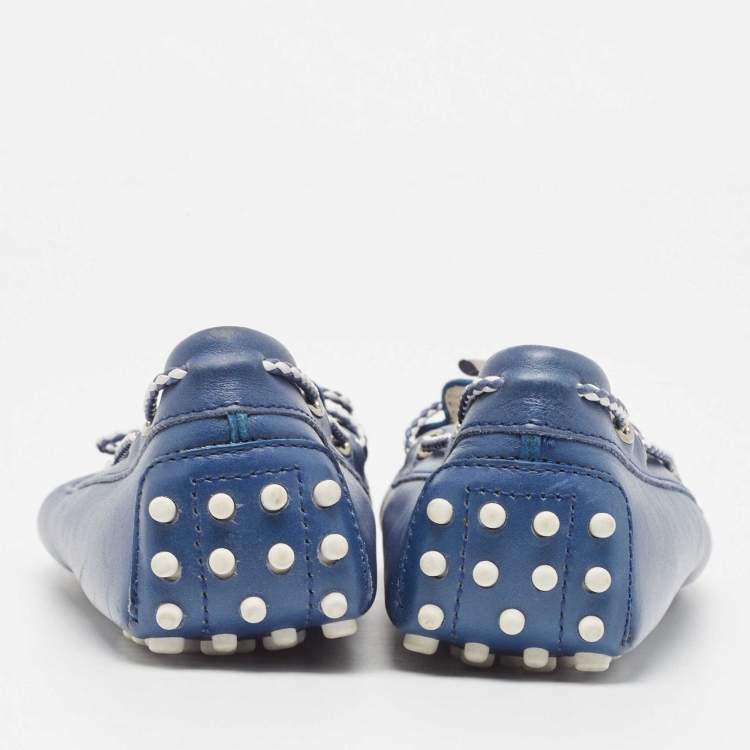 Pre Owned Tod's Blue Leather Bow Slip On Loafers Size 41