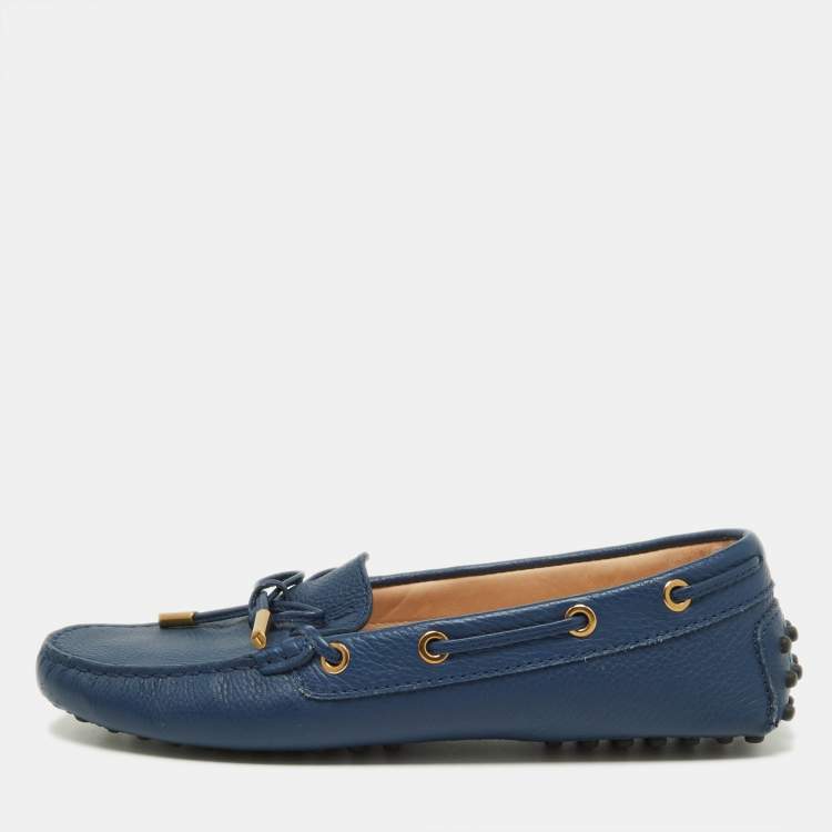 Pre Owned Tod's Blue Leather Bow Slip On Loafers Size 37.5