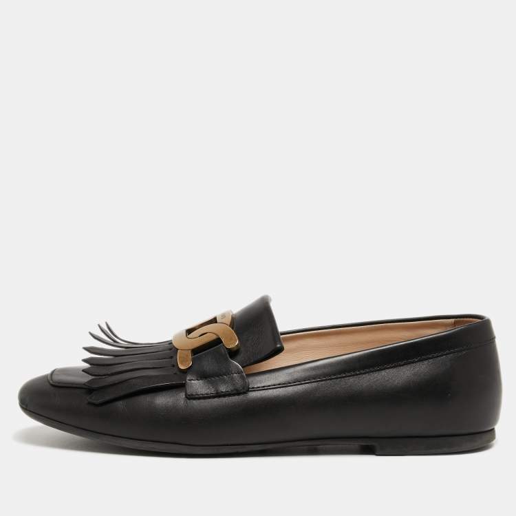 Pre Owned Tod's Black Leather Fringe Slip On Loafers Size 39