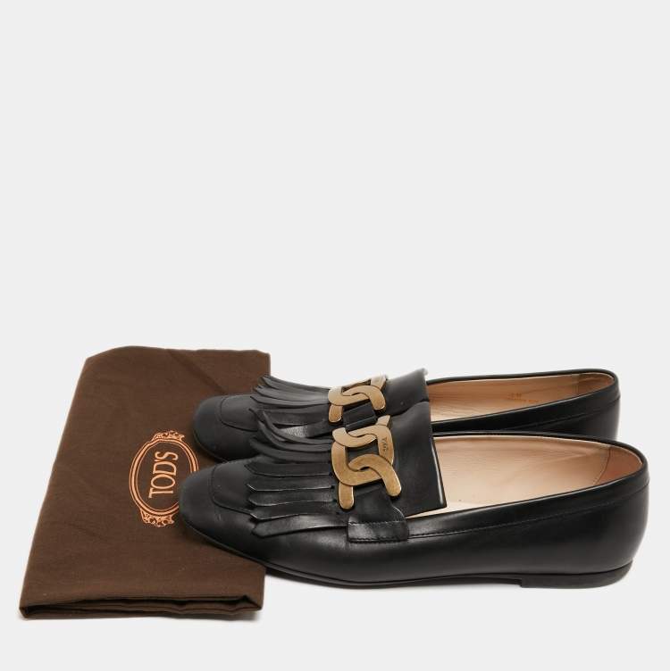 Pre Owned Tod's Black Leather Fringe Slip On Loafers Size 39