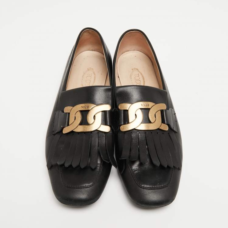 Pre Owned Tod's Black Leather Fringe Slip On Loafers Size 39