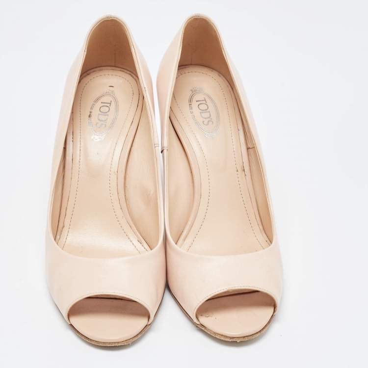 Pre Owned Tod's Pink Leather Peep Toe Wedge Pumps Size 37.5