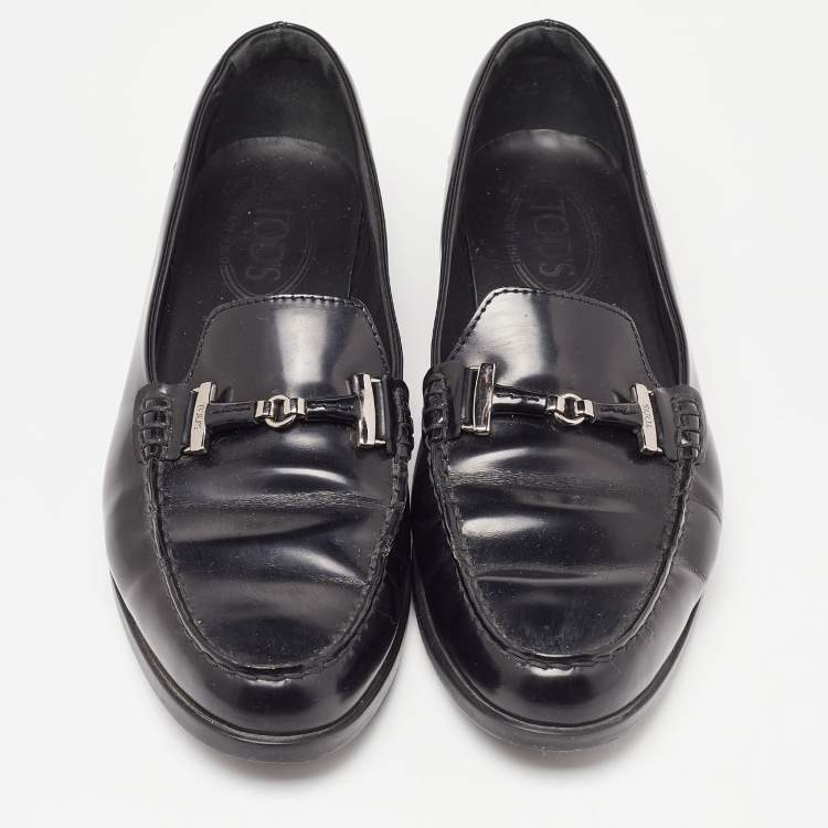 Pre Owned Tod's Black Leather Icon Bit Slip On Loafers Size 39.5