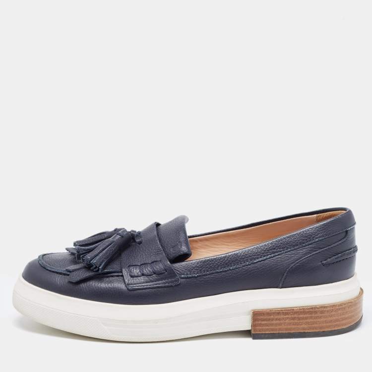 Pre Owned Tod's Navy Blue Leather Fringe Tassel Loafers Size 39.5