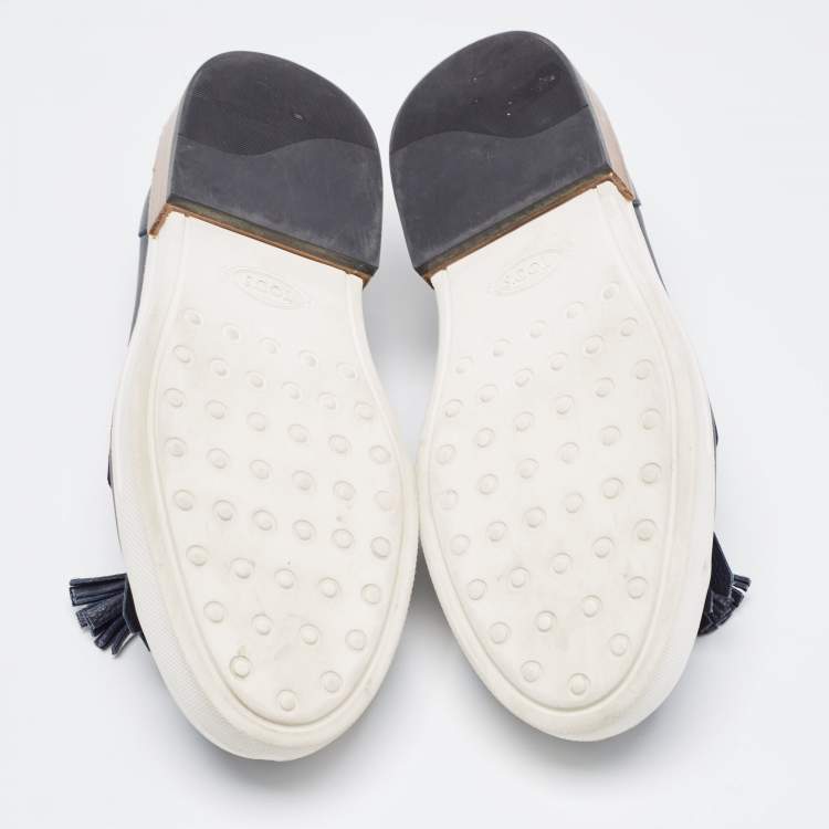 Pre Owned Tod's Navy Blue Leather Fringe Tassel Loafers Size 39.5