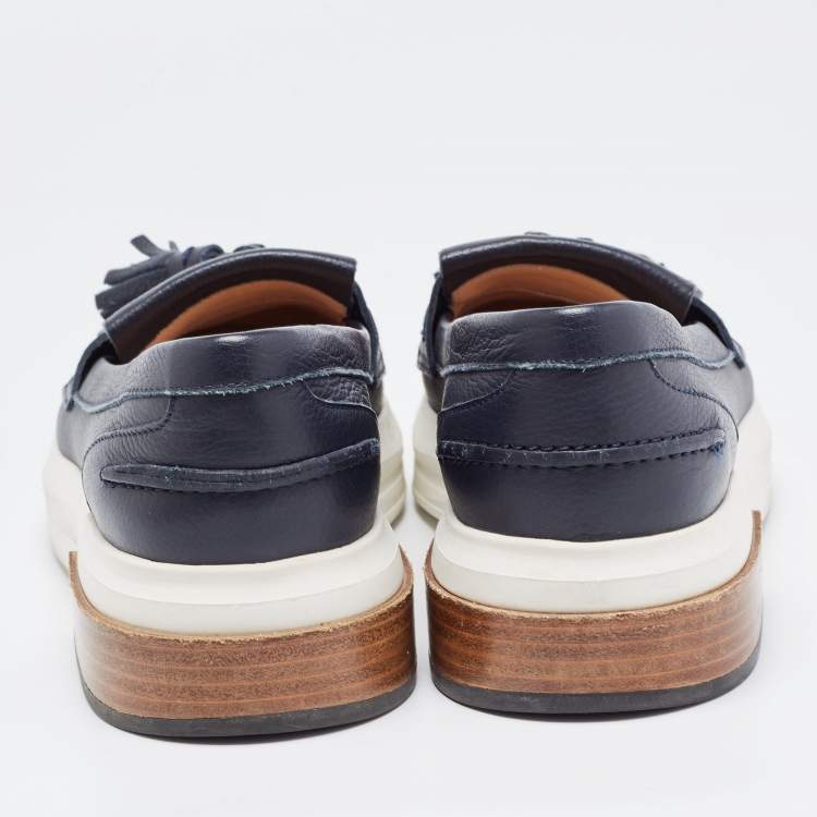 Pre Owned Tod's Navy Blue Leather Fringe Tassel Loafers Size 39.5