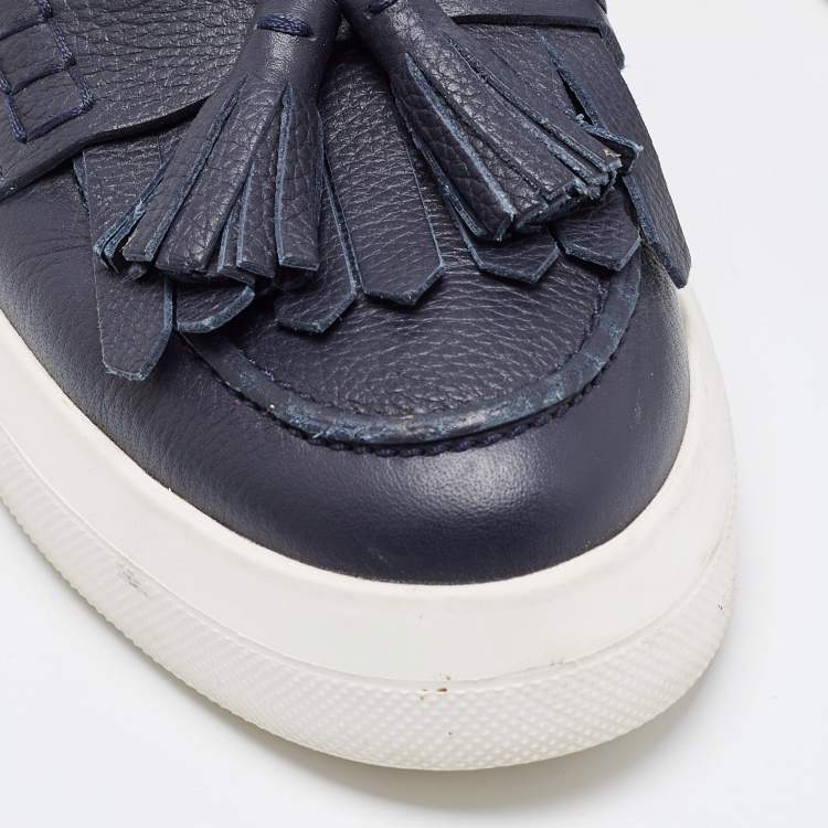 Pre Owned Tod's Navy Blue Leather Fringe Tassel Loafers Size 39.5