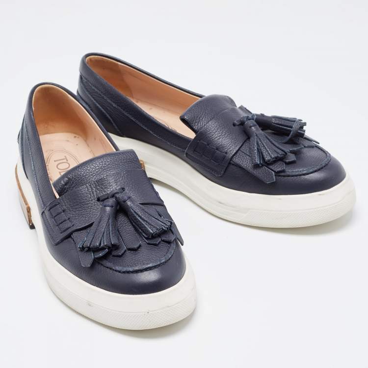 Pre Owned Tod's Navy Blue Leather Fringe Tassel Loafers Size 39.5