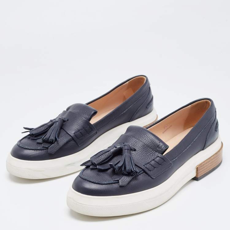 Pre Owned Tod's Navy Blue Leather Fringe Tassel Loafers Size 39.5
