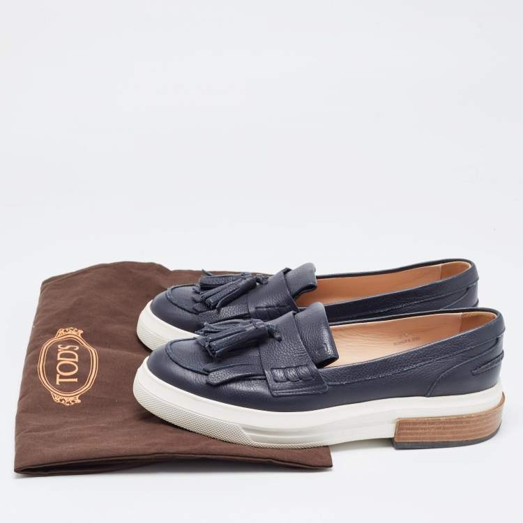 Pre Owned Tod's Navy Blue Leather Fringe Tassel Loafers Size 39.5