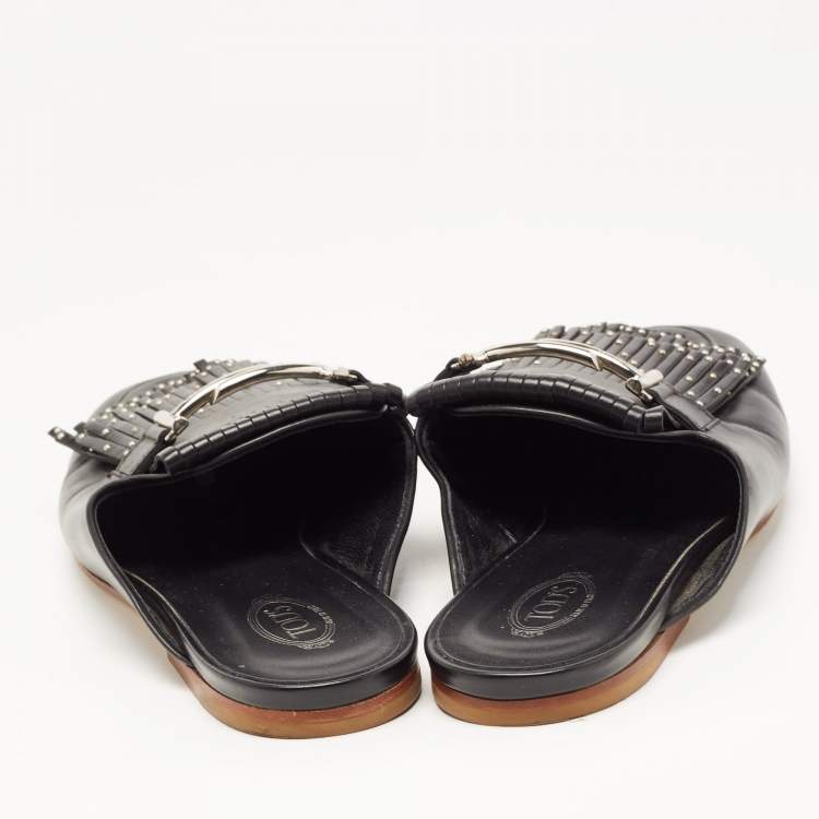 Pre Owned Tod's Black Studded Leather Double T Buckle Flat Mules Size 40 