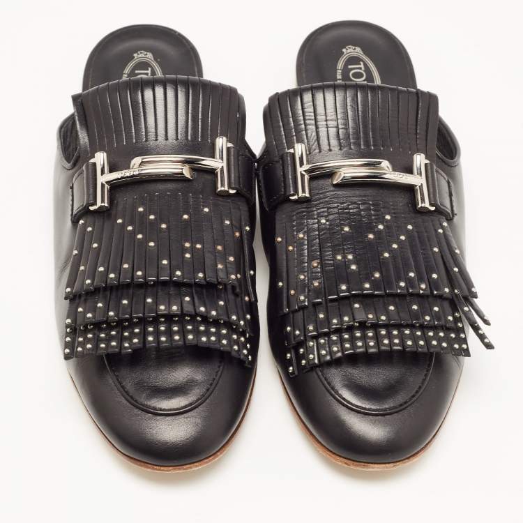 Pre Owned Tod's Black Studded Leather Double T Buckle Flat Mules Size 40 