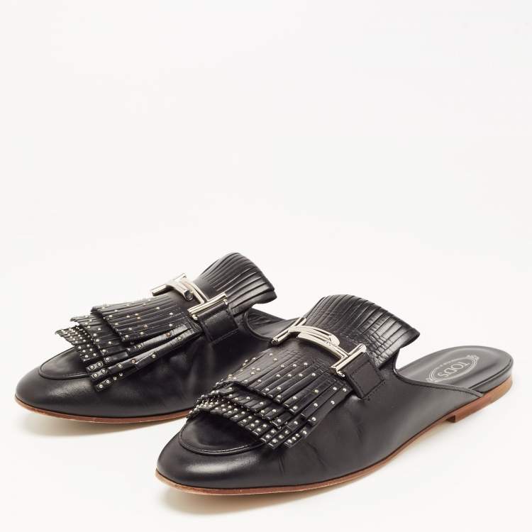 Pre Owned Tod's Black Studded Leather Double T Buckle Flat Mules Size 40 