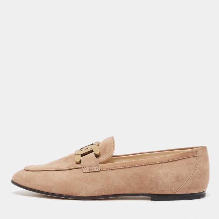 Pre Owned Tod's Beige Suede Chain Detail Kate Loafers Size 39