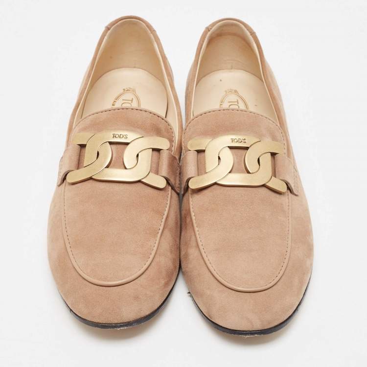 Pre Owned Tod's Beige Suede Chain Detail Kate Loafers Size 39