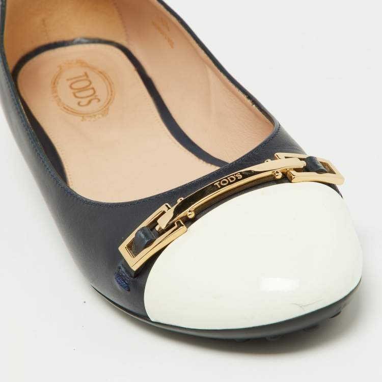 Pre Owned Tod's Blue/White Leather Cap Toe Ballet Flats Size 36.5