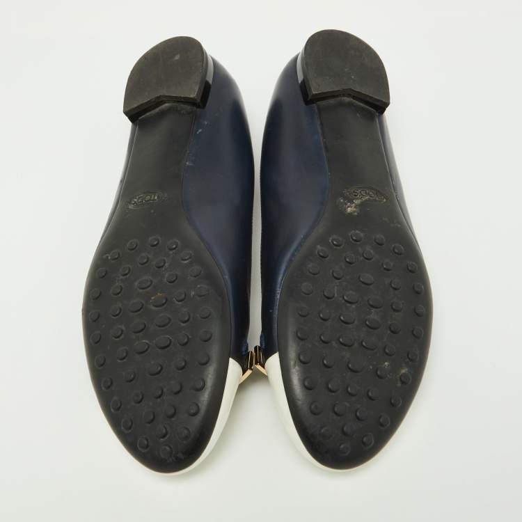 Pre Owned Tod's Blue/White Leather Cap Toe Ballet Flats Size 36.5