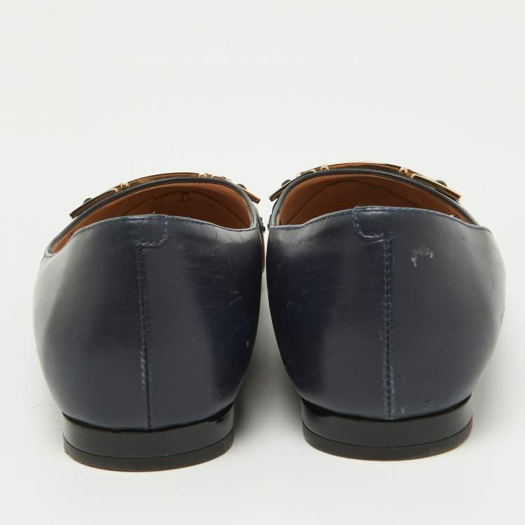 Pre Owned Tod's Blue/White Leather Cap Toe Ballet Flats Size 36.5