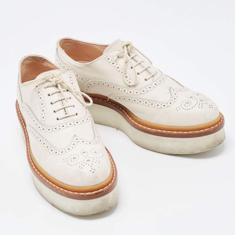 Pre Owned Tod's White Leather Platform Lace Up Oxfords Size 38
