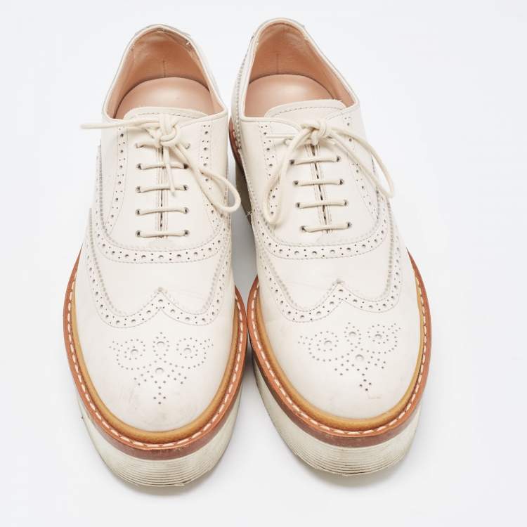 Pre Owned Tod's White Leather Platform Lace Up Oxfords Size 38