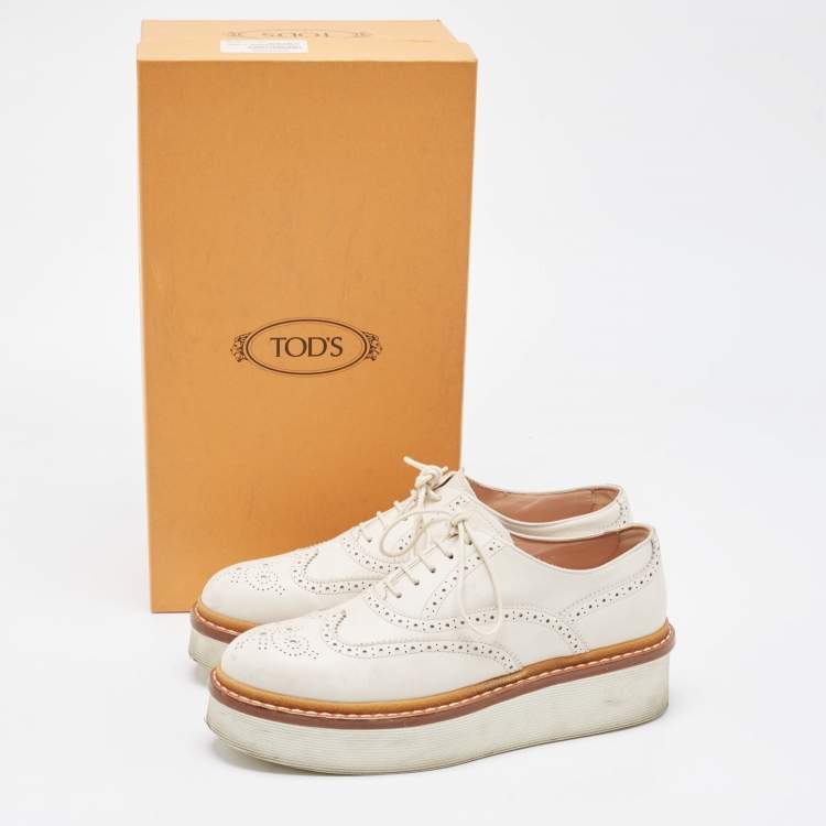 Pre Owned Tod's White Leather Platform Lace Up Oxfords Size 38