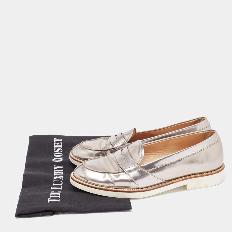 Pre Owned Tod's Metallic Silver Leather Penny Loafers Size 37 