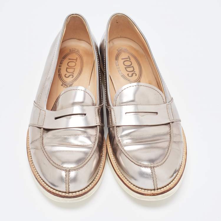 Pre Owned Tod's Metallic Silver Leather Penny Loafers Size 37 