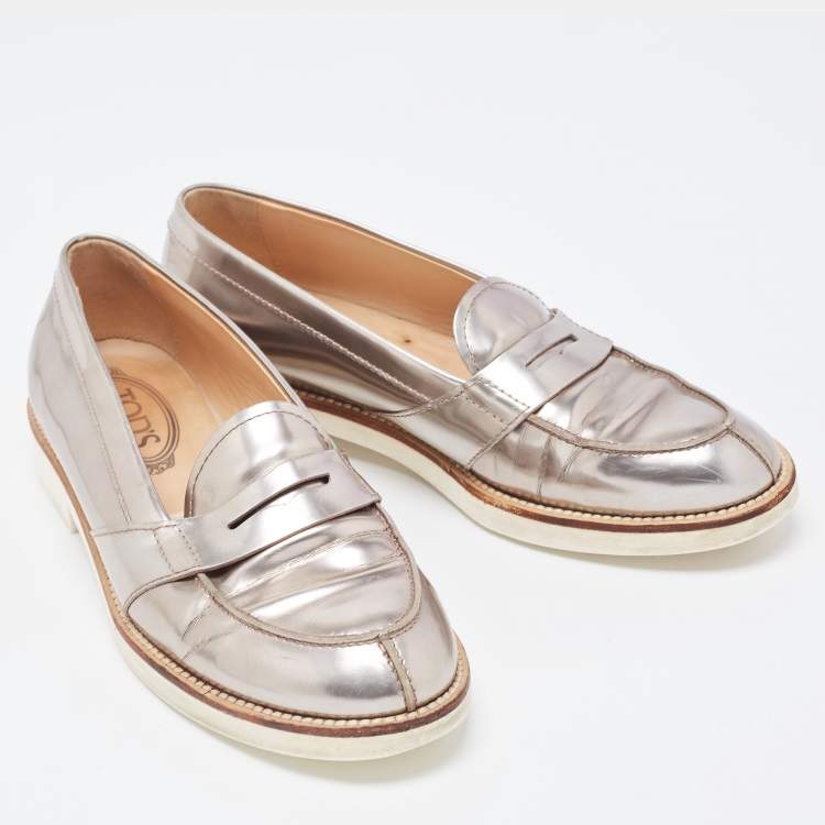 Pre Owned Tod's Metallic Silver Leather Penny Loafers Size 37 