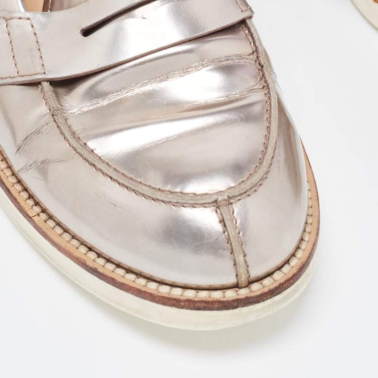 Pre Owned Tod's Metallic Silver Leather Penny Loafers Size 37 