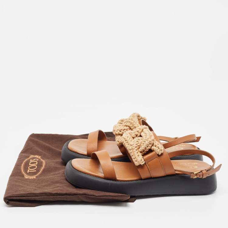 Pre Owned Tod's Brown Leather Blended Fabric Slingback Sandals Size 40
