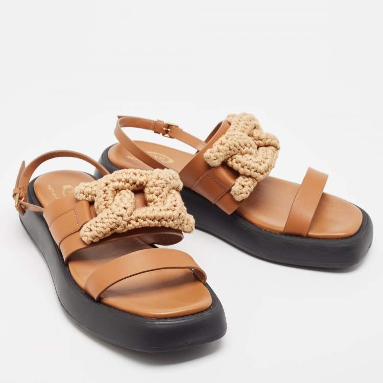 Pre Owned Tod's Brown Leather Blended Fabric Slingback Sandals Size 40