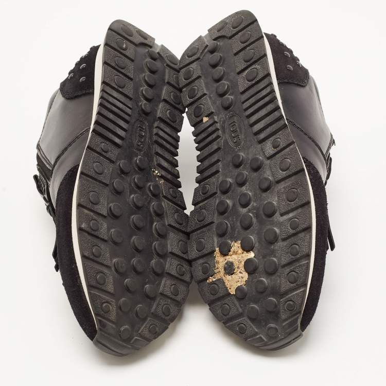Pre Owned Tod's Black Suede and Leather Fringe Detail Slip On Sneakers Size 35.5