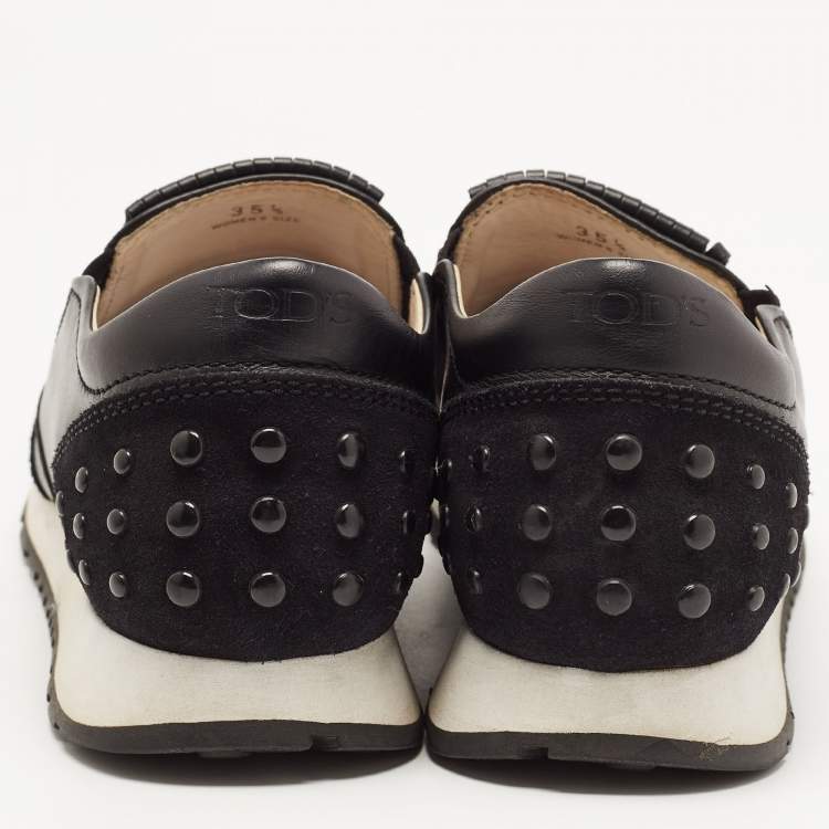 Pre Owned Tod's Black Suede and Leather Fringe Detail Slip On Sneakers Size 35.5