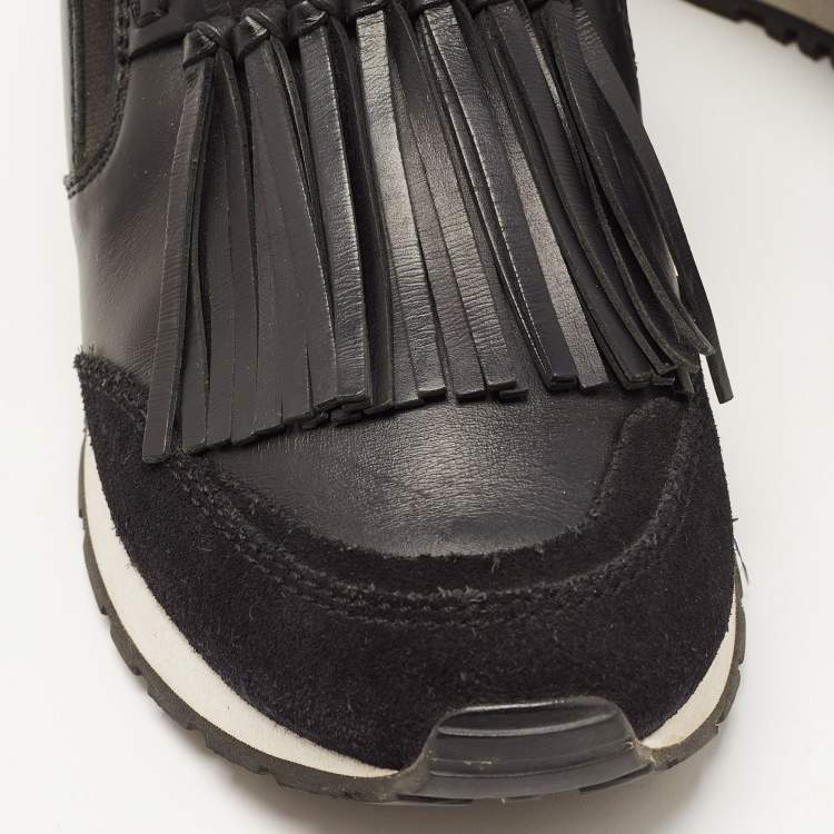 Pre Owned Tod's Black Suede and Leather Fringe Detail Slip On Sneakers Size 35.5