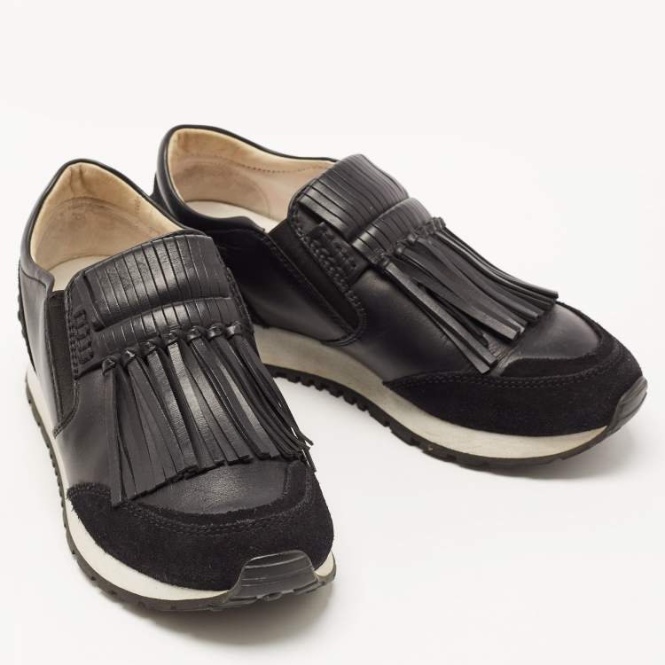 Pre Owned Tod's Black Suede and Leather Fringe Detail Slip On Sneakers Size 35.5