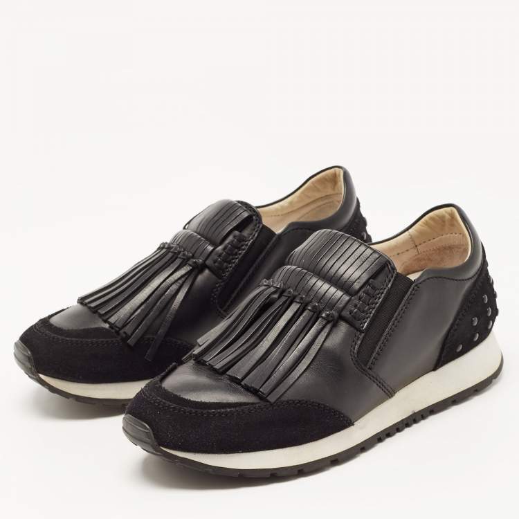Pre Owned Tod's Black Suede and Leather Fringe Detail Slip On Sneakers Size 35.5