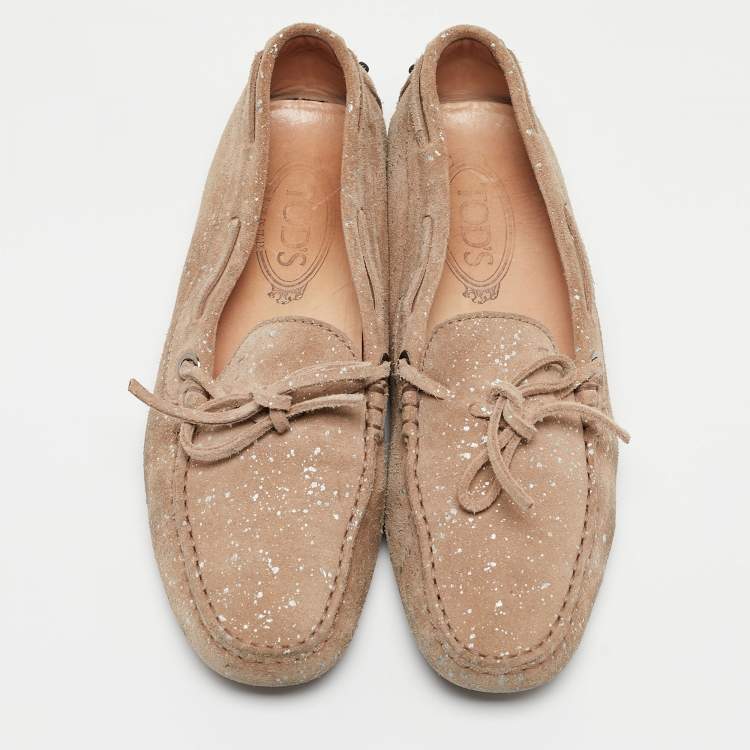 Pre Owned Tod's Beige Suede And Silver Paint Spot Bow Loafers Size 38.5
