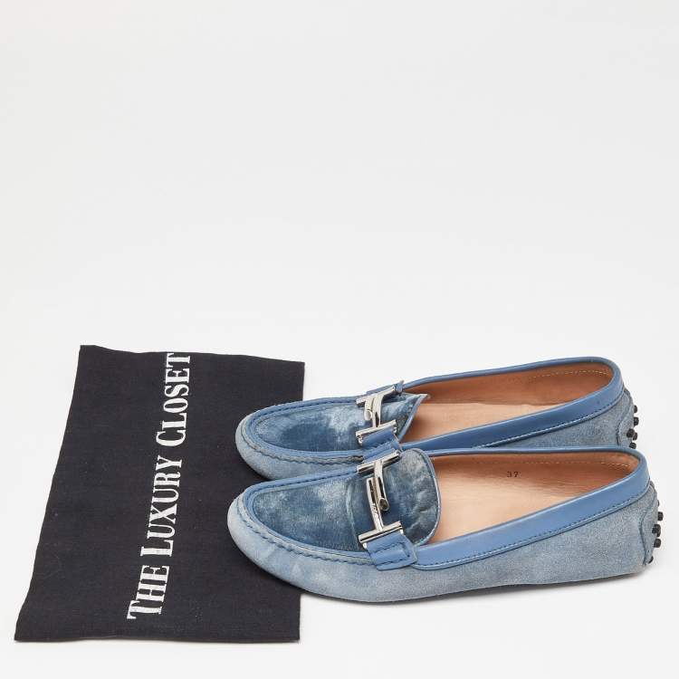 Pre Owned Tod's Blue Velvet, Suede and Leather Double T Gommino Driving Loafers Size 37