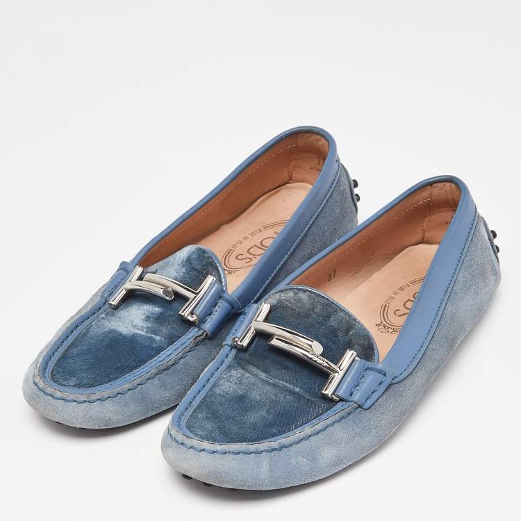 Pre Owned Tod's Blue Velvet, Suede and Leather Double T Gommino Driving Loafers Size 37
