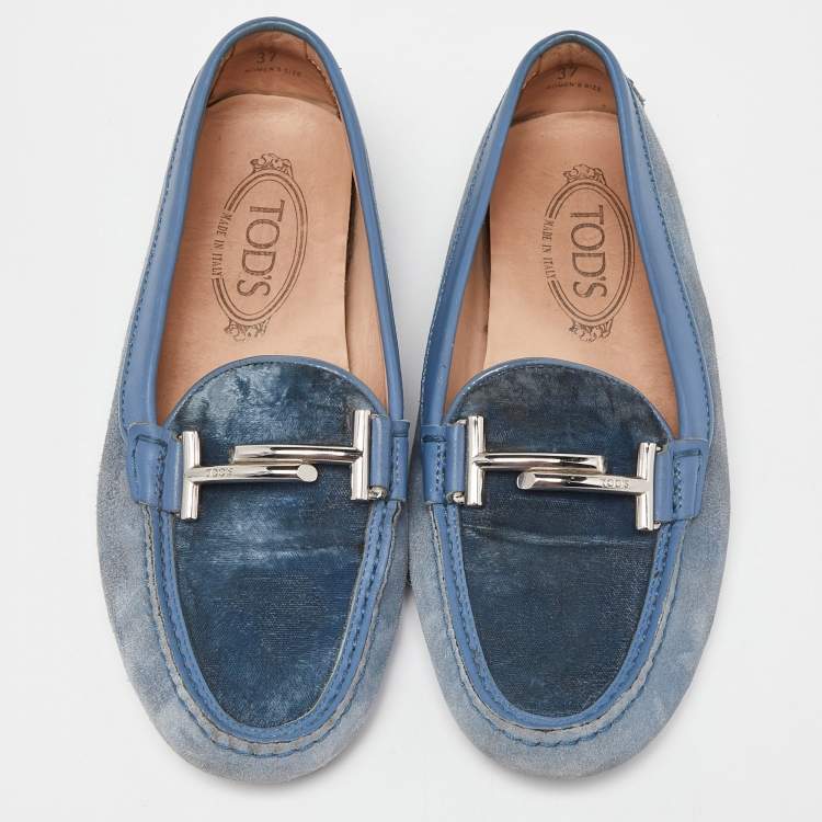 Pre Owned Tod's Blue Velvet, Suede and Leather Double T Gommino Driving Loafers Size 37