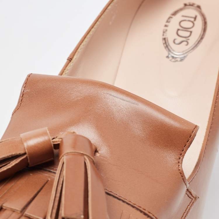 Pre Owned Tod's Brown Leather Fringe Tassel Detail Loafer Pumps Size 38.5