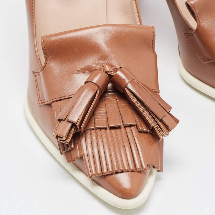 Pre Owned Tod's Brown Leather Fringe Tassel Detail Loafer Pumps Size 38.5