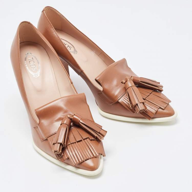 Pre Owned Tod's Brown Leather Fringe Tassel Detail Loafer Pumps Size 38.5