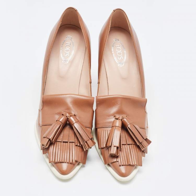 Pre Owned Tod's Brown Leather Fringe Tassel Detail Loafer Pumps Size 38.5