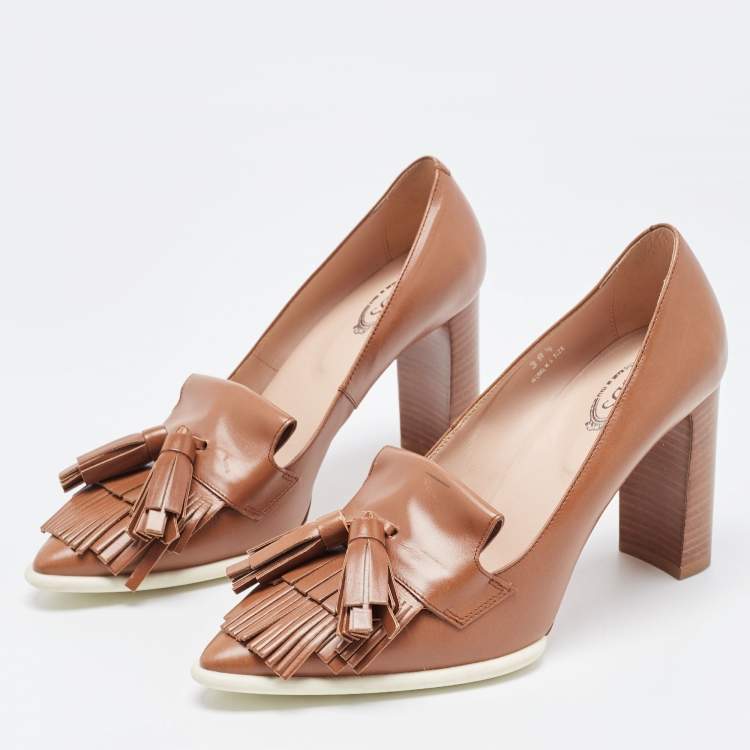 Pre Owned Tod's Brown Leather Fringe Tassel Detail Loafer Pumps Size 38.5